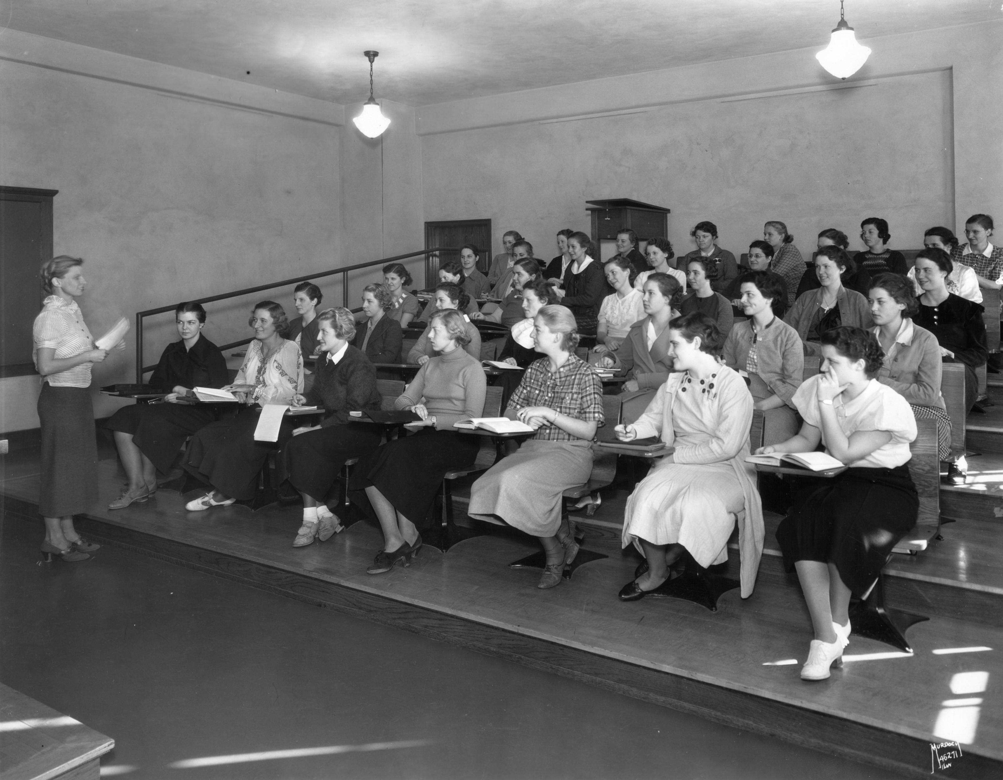 students in classroom - black & white stock image