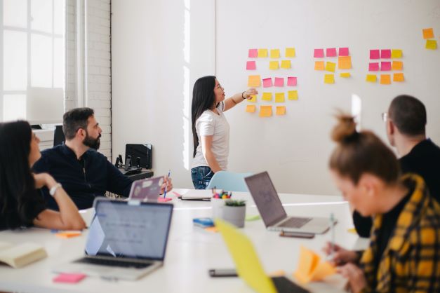 Workgroup looking at sticky notes on wall
