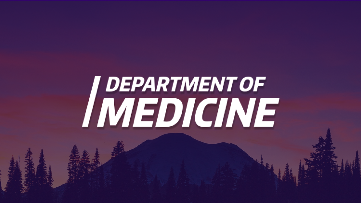 The Department of Medicine logo over a background of purple and pink sunset colors over silhouettes of a mountain and trees